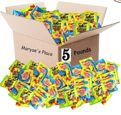 Christmas Bulk Candy Of 5 lb of Sours Patch For Kids And Swedish Fish Mini Soft And Chewy Candy Variety Snack Bulk Order. Individually Wrapped Fun Size Pouches, 0.5 Ounce, Huge 200 Ct. Christmas Candy